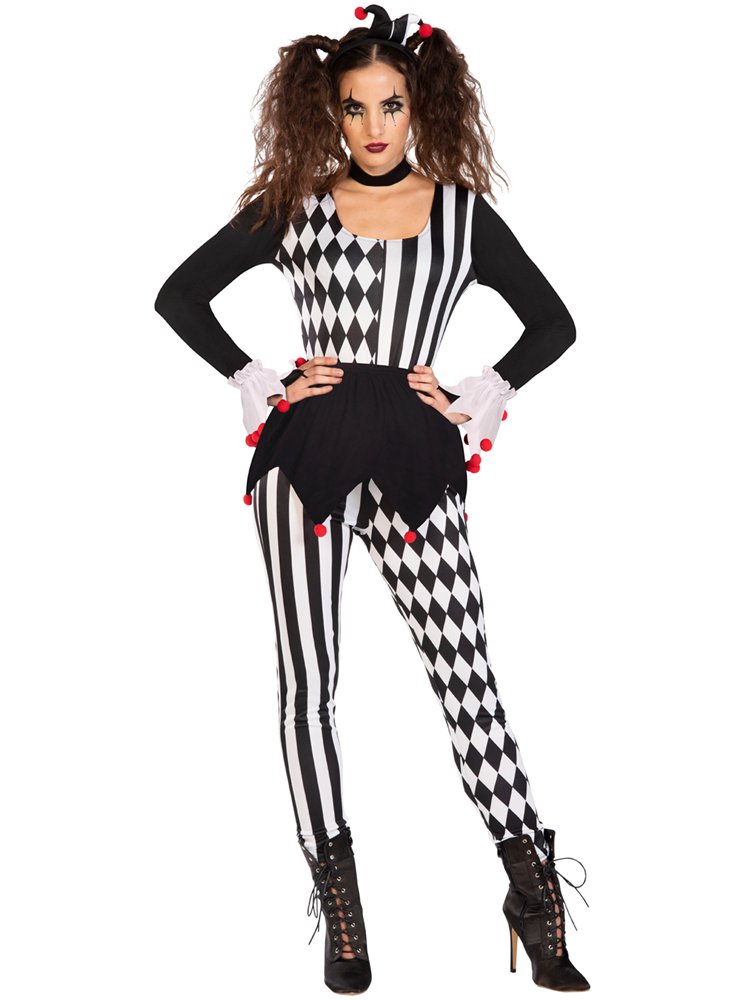 Harlequin jester women's black and white jumpsuit Halloween costume