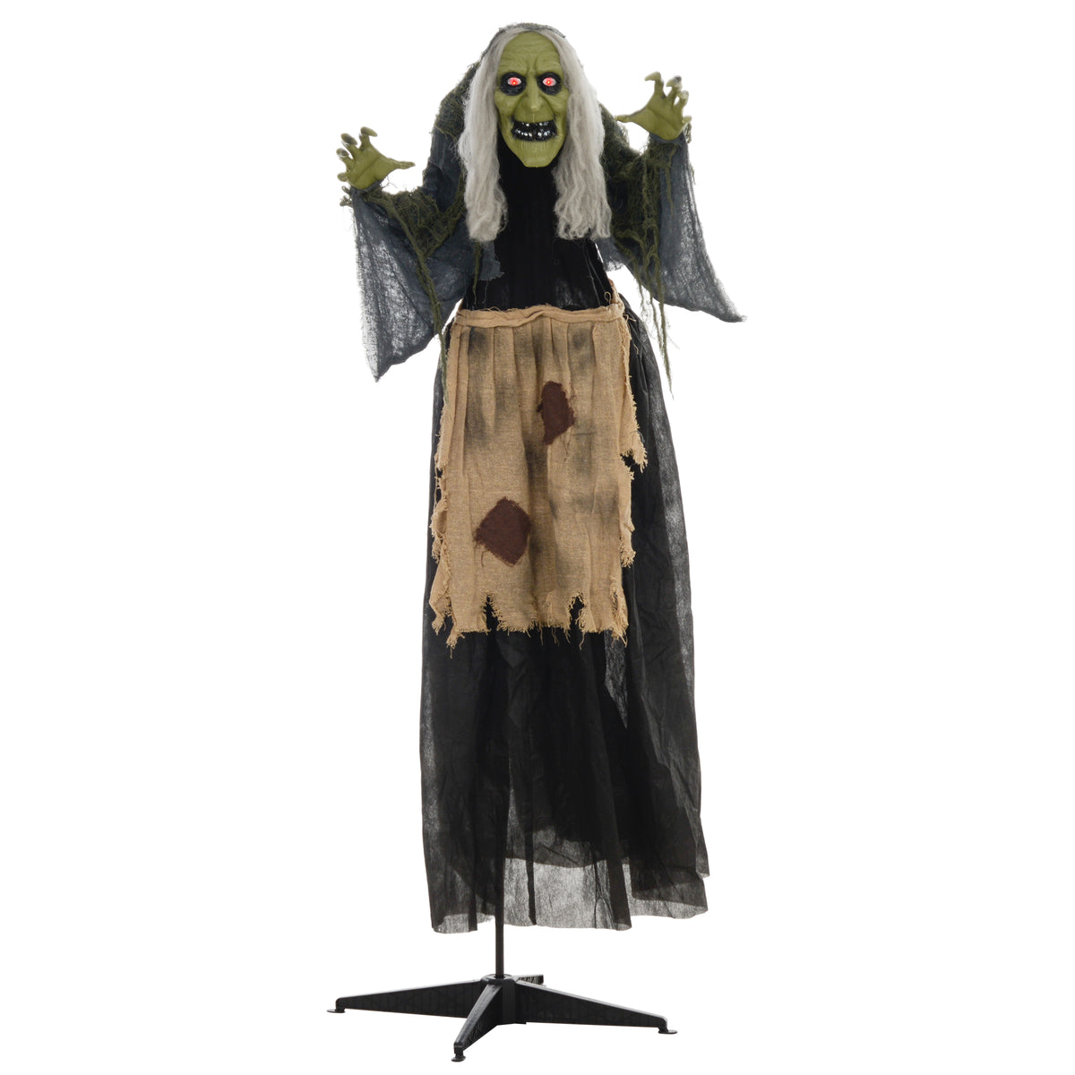 Animated hunchback Halloween witch with glowing red eyes