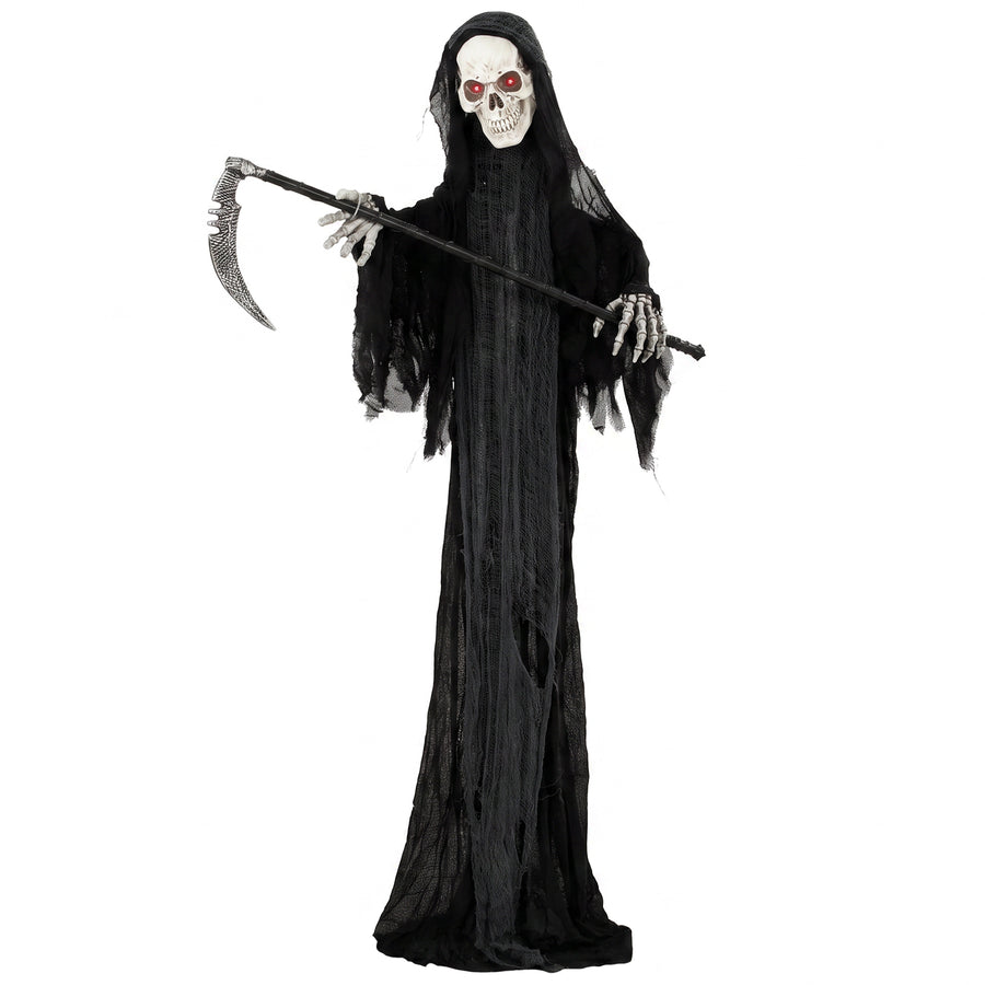 Life-size animated grim reaper Halloween decoration with scythe and red LED eyes