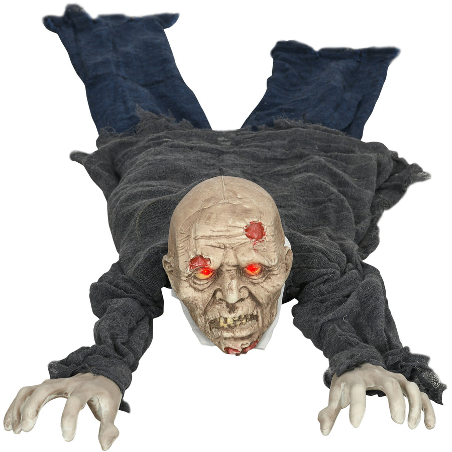 Animated crawling zombie Halloween prop with red eyes