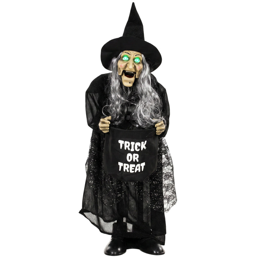 94cm animated Halloween witch with candy bucket and green eyes