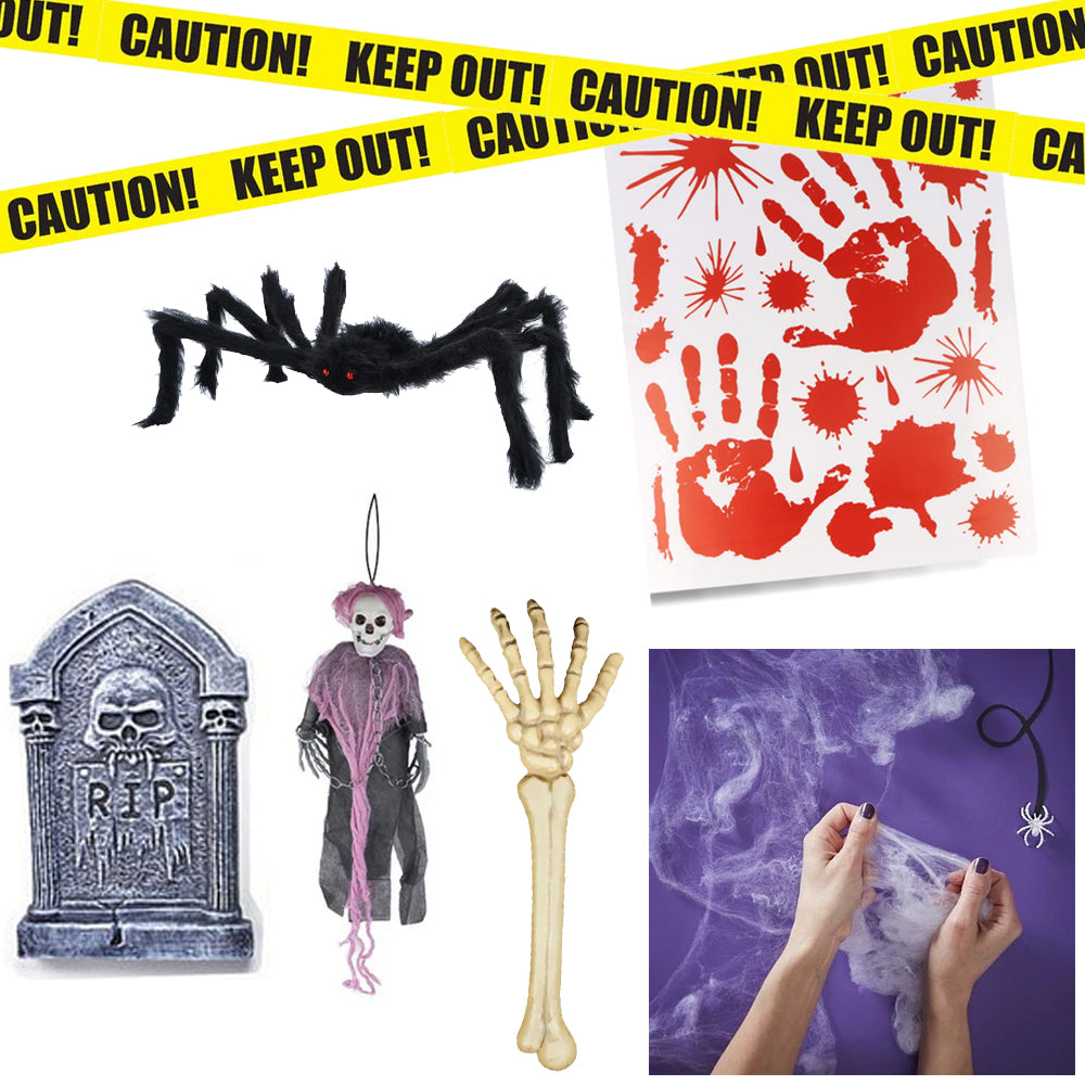 Haunted house and garden Halloween decoration pack: hanging figure, hairy spider, skeleton arm stake, gravestone, cobweb, caution tape and bloody hand window stickers