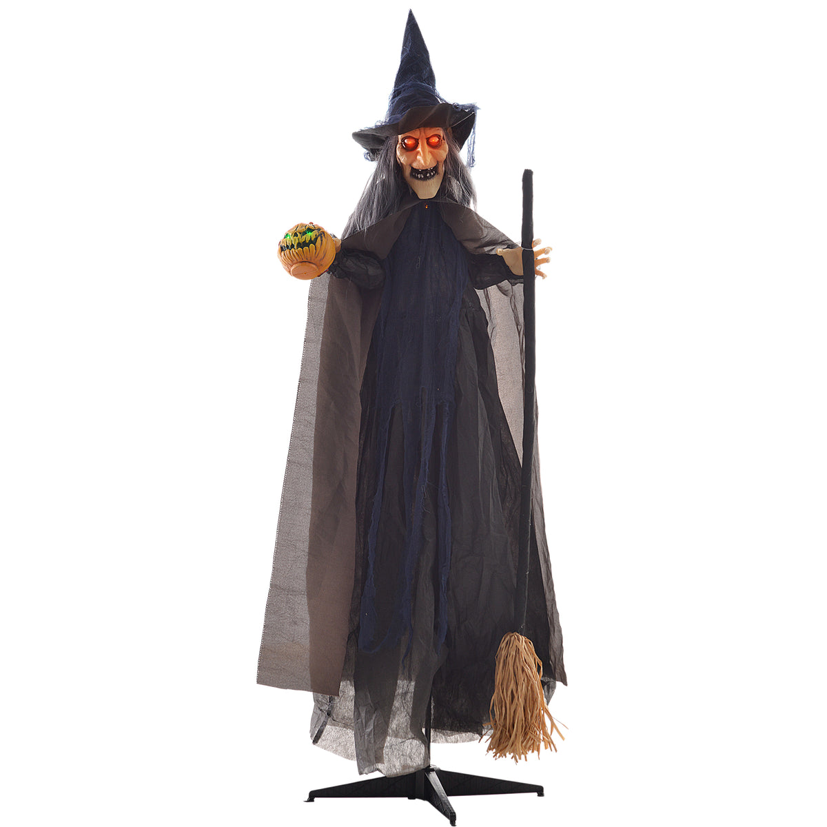 Animated Halloween witch with broomstick and glowing red eyes