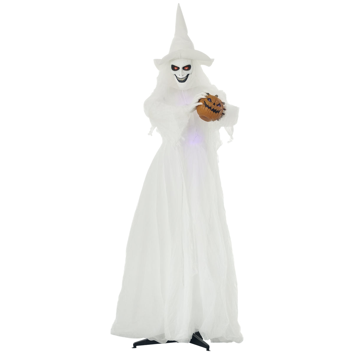 Light-up skeleton witch holding a pumpkin head Halloween prop